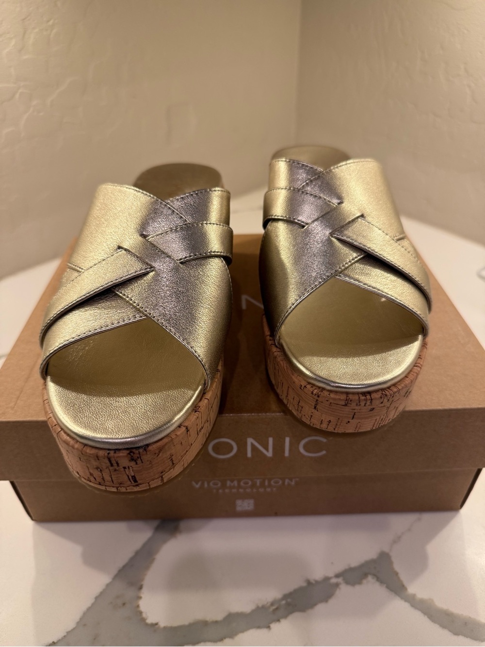 Brand new Vionic Metallic Gold Cork-Wedge Slide Mules